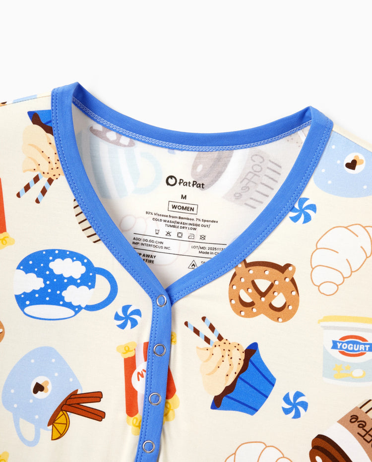 Pijamas de Bambú Daddy & Son Suaves como Mantequilla de Viscosa de Bambú para Hombres, Mujeres, Niños, Niños Pequeños y Bebés, Ropa de Dormir de Manga Corta con Estampado Acogedor de Postres Azul
