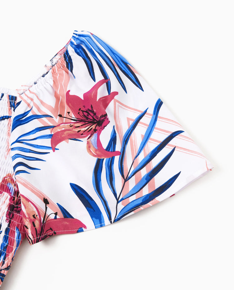 Tropische Blumen Familie Passende Outfits Rosa Blau Blattdruck Kurzarmhemd oder eine Schulter gesmoktes Oberteil und Rock Kombinationsset für Urlaub, Kreuzfahrt, Strand weiß