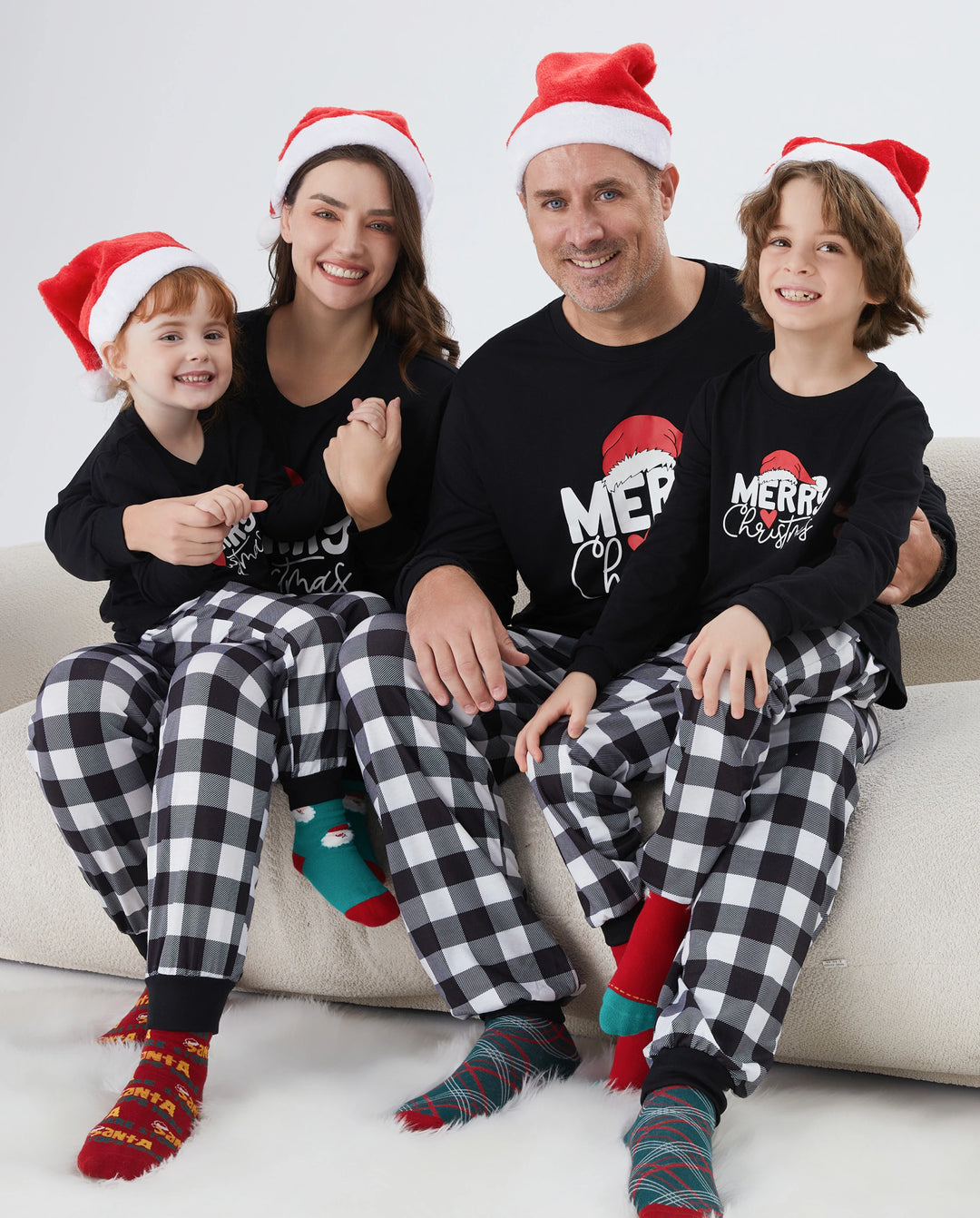 Christmas Family Matching Glow In The Dark Letters Print Long-sleeve Pajamas Sets with Christmas Socks Black+White