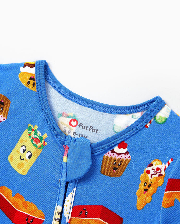 Daddy & Son Bamboo Pajamas Buttery Soft Bamboo PJs for Men Women Kids Toddler, Cute Burger & Fries Print Short Sleeve Sleepwear (Snug-Fitting for Children) Royal Blue