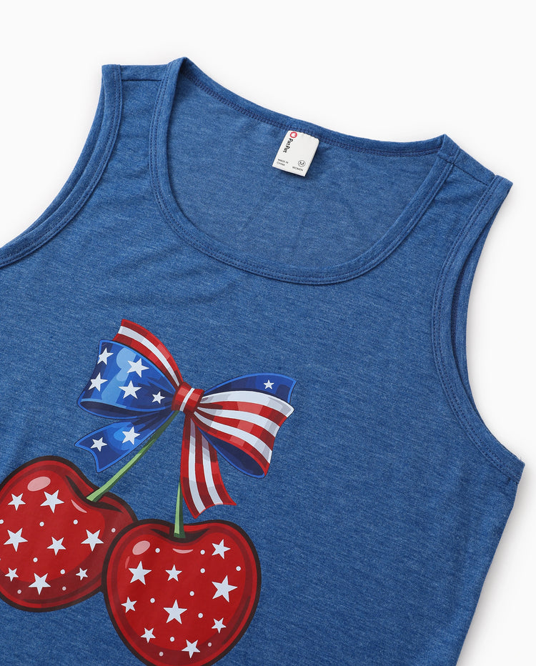 Independence Day Mommy and Me Patriotic Cherry Print Casual Sleeveless Dress Blue