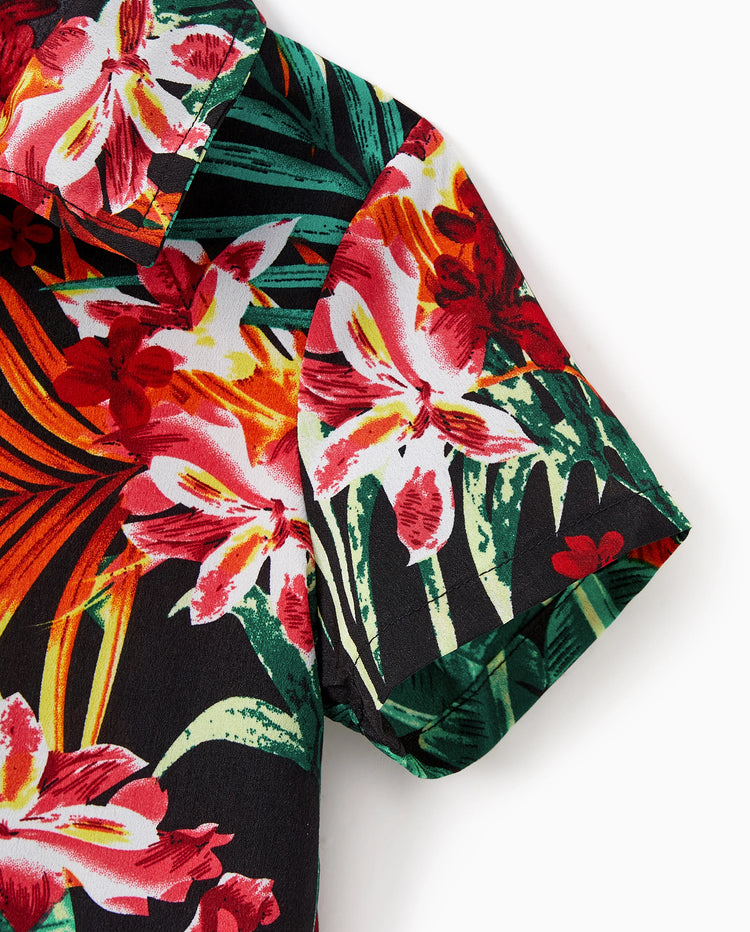 Conjuntos familiares a juego para papá y yo Vestidos halter con estampado floral de plantas por completo y conjuntos de camisas de manga corta Negro