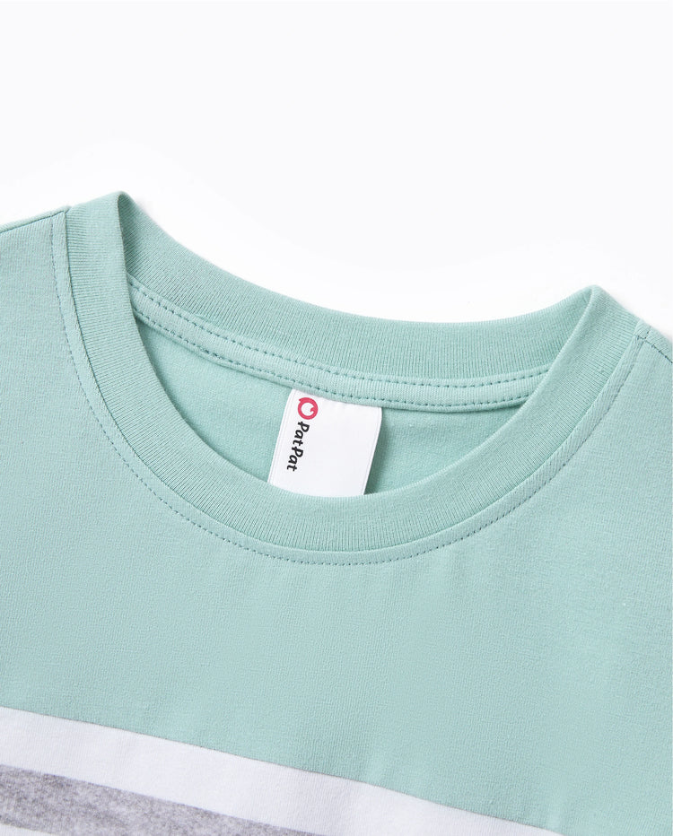 Daddy & Son T-Shirt & Dress Set Polka Dot Puff-sleeve Dress for Mom, Daughter & Baby, Color Block Cotton Tee for Dad & Son, Perfect for Family Outings & Photos Light Green