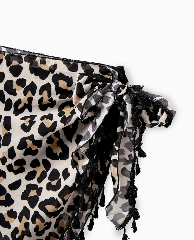 Daddy & Daughter Leopard Pattern Drawstring Swim Trunks or Ruffle Neck Two-Piece Bikini with Optional Cover Up Sarong Skirt Black
