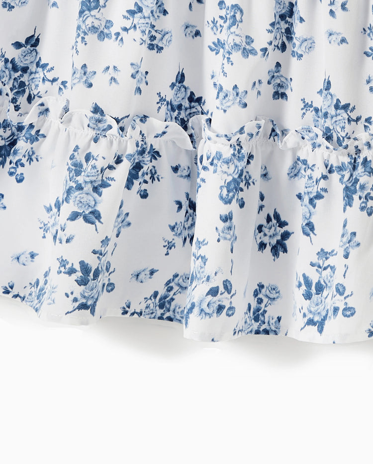Vestido casual para niña pequeña/niña con fruncido floral azul y blanco