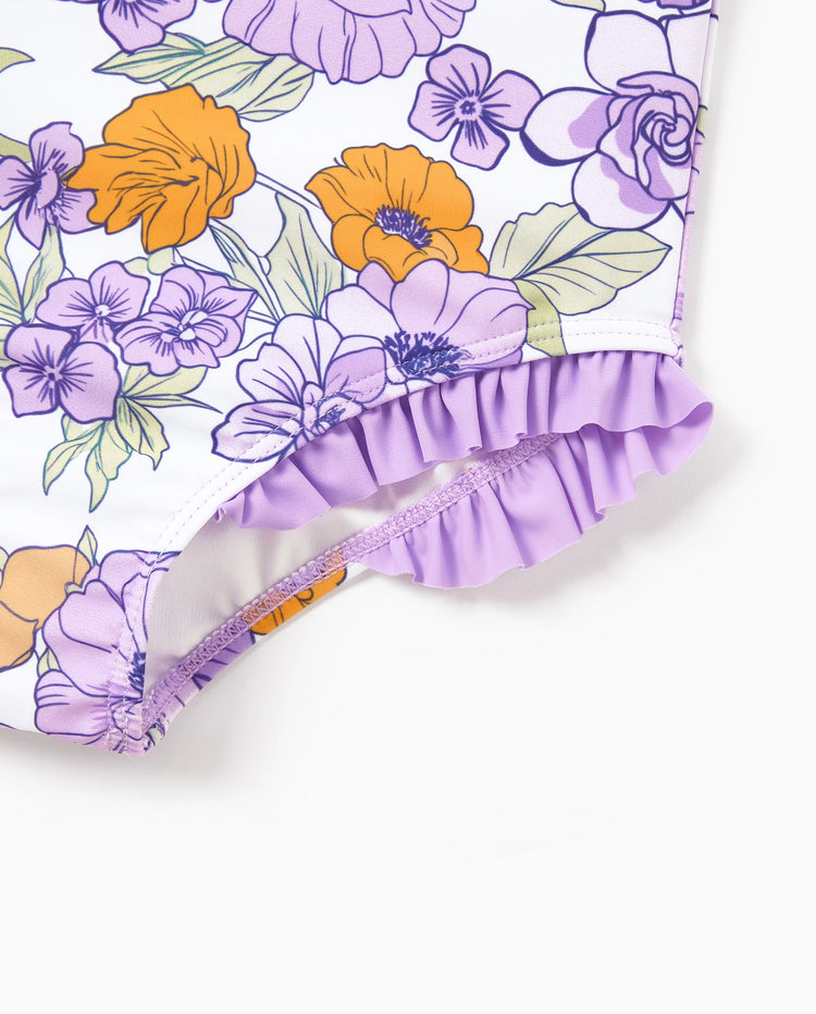 Daddy & Daughter Floral Print Swimsuits Ruffled One-Piece Bathing Suit & Swim Trunks Set Purple