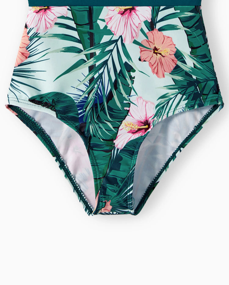 Traje de Baño o Bañador de Una Pieza para Niña Pequeña con Estampado de Plantas y Volantes Verde