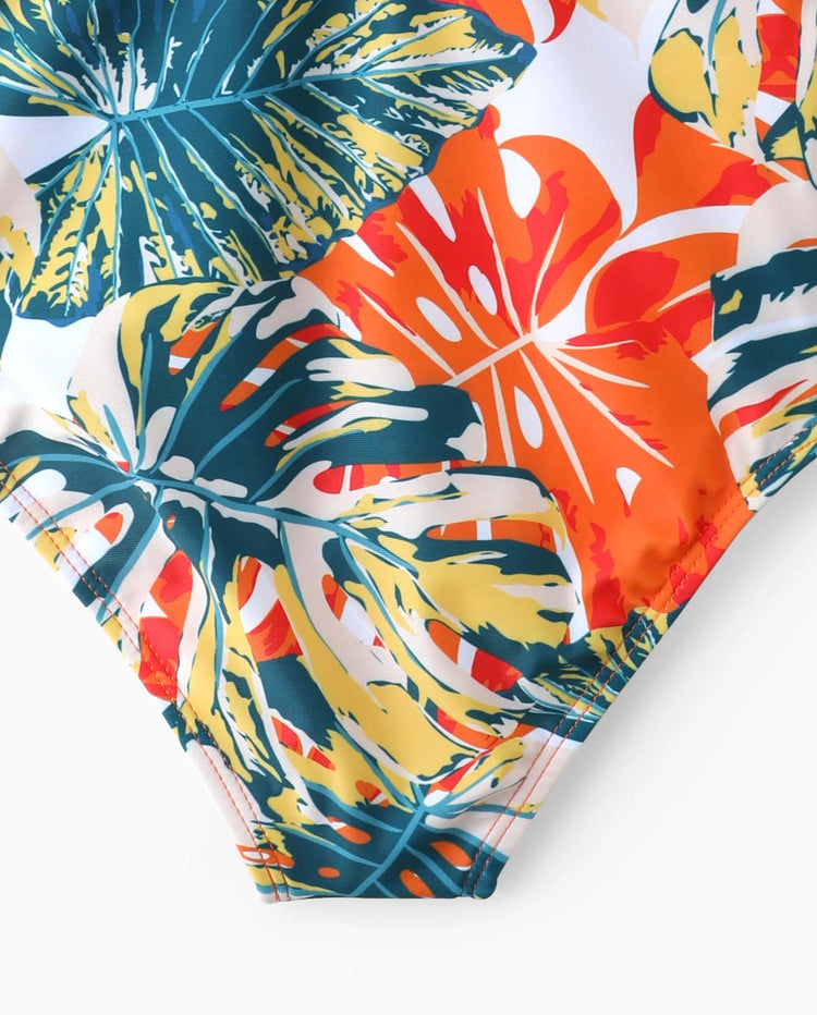 Toddler Girl Orange and All Over Tropical Plant Print Splicing Ruffle One-Piece Swimsuit Orange color