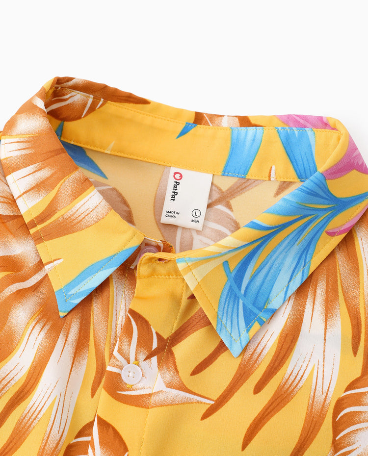 Ensemble assorti famille Papa et Moi : Ensemble jaune chemise à manches courtes ou robe à bretelles à imprimé feuilles tropicales Jaune