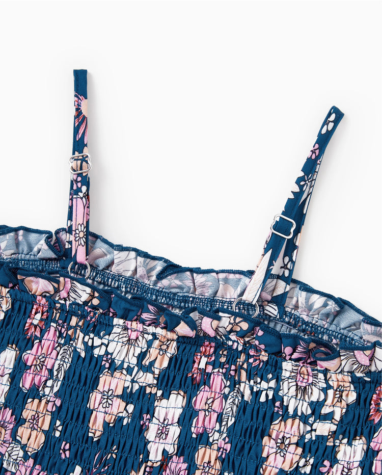 Papa & Tochter Outfits Blumen-Allover-Druck Kurzarm-Hemd mit Kragen oder Neckholder-Ärmelloses Kleid für Sommerurlaub CYAN-