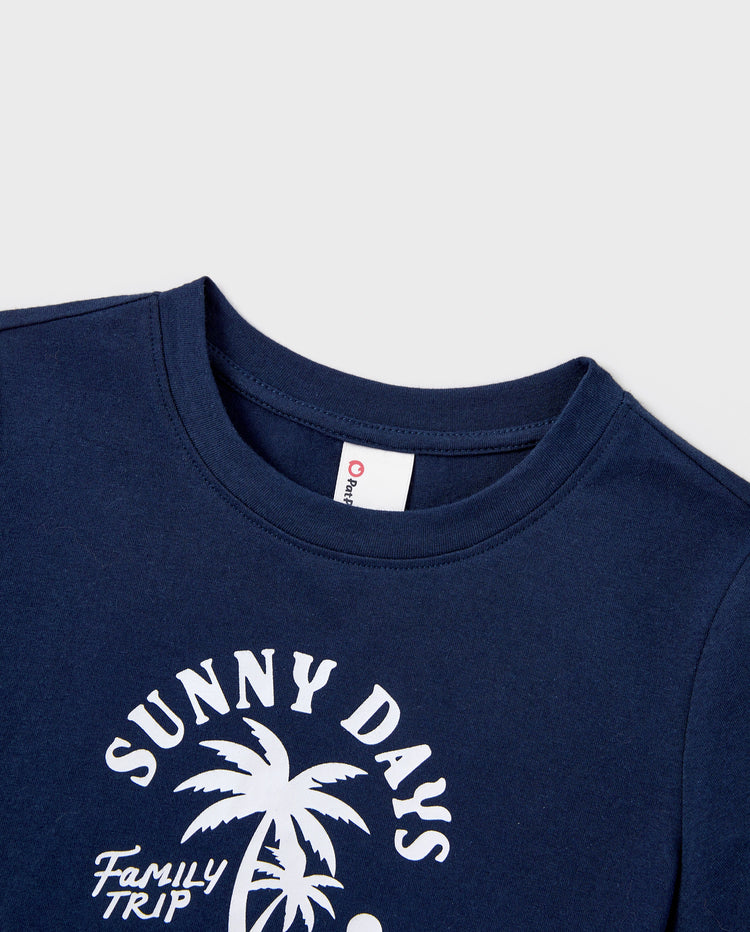 Conjunto de Camiseta y Vestido de Algodón Daddy & Son – Estampado de Palmeras Días Soleados para Papá, Mamá, Bebé y Niño Pequeño, Perfecto para Vacaciones de Verano y Salidas Familiares Azul Tibetano