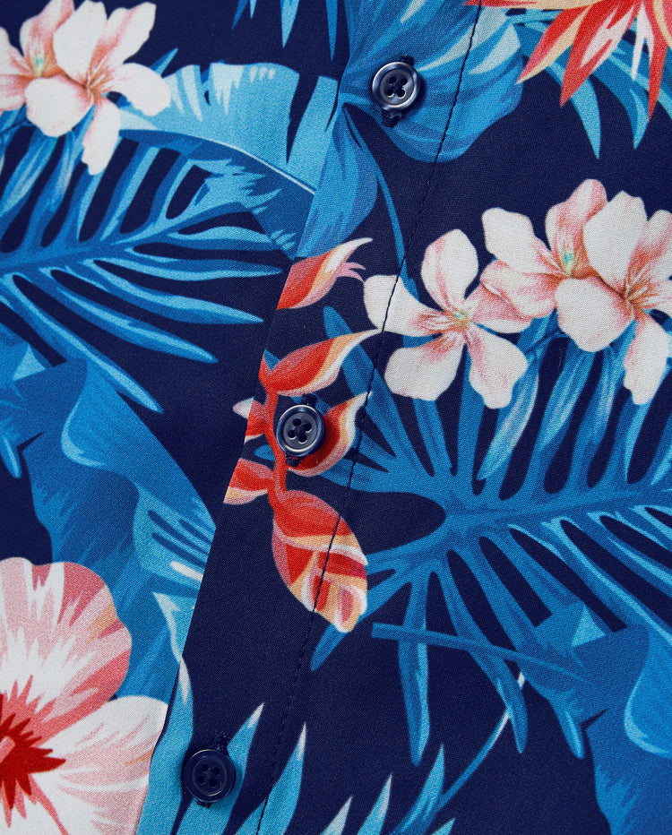 Daddy & Son Vacation Set Tropical Floral Print Shirt or Halter Dresses for Dad, Mom, Kids & Baby, Perfect for Summer Holidays & Family Photos Deep Blue