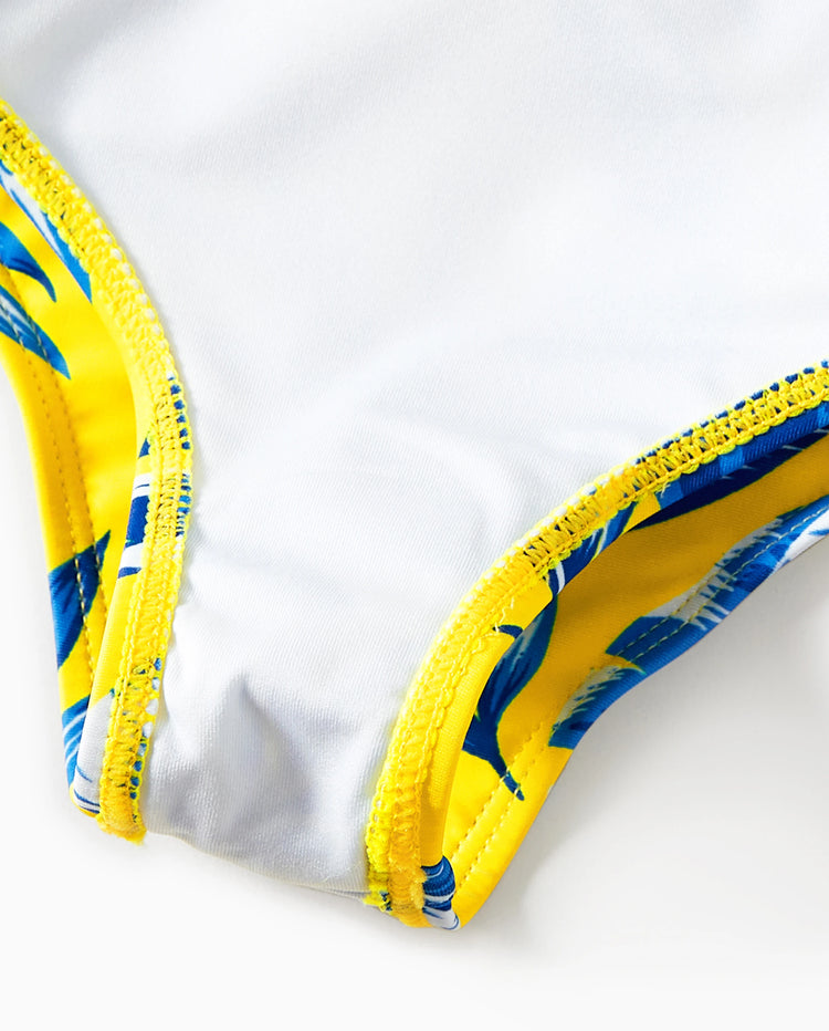 Bikini amarillo con estampado de hojas, mangas con volantes y fruncido para niña pequeña Amarillo