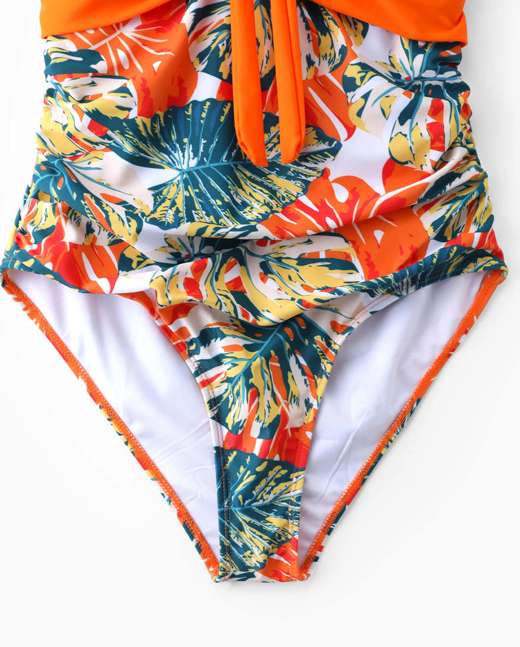 Mommy & me Orange and All Over Tropical Plant Print Splicing Ruffle One-Piece Swimsuit Orange color