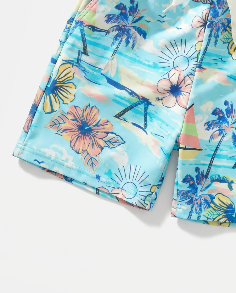 Maillots de bain Daddy & Fils à imprimé tropical, ensemble shorts de bain Daddy & Fils pour vacances d'été à la plage Bleu clair
