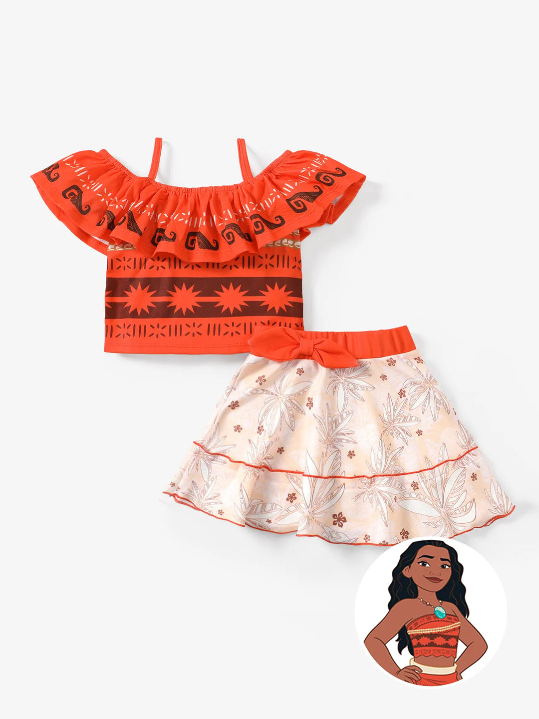 Disney Princess Moana 2pcs Toddler/Kid Girl Palm Leaves Ruffled Top and Skirt Set orangered