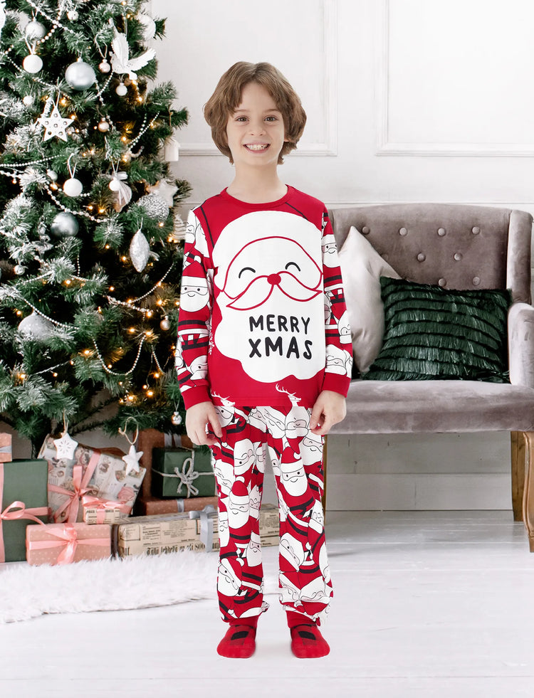 Pijama familiar navideño a juego con estampado gráfico de Papá Noel grande en la parte delantera y trasera, con bolsillos y cordón, color rojo 2