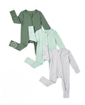 Ensemble de 3 bodies à manches longues et pieds intégrés pour bébé garçon/fille en bambou, bleu foncé, uni et imprimé arc-en-ciel, fermeture éclair double sens, antidérapant.