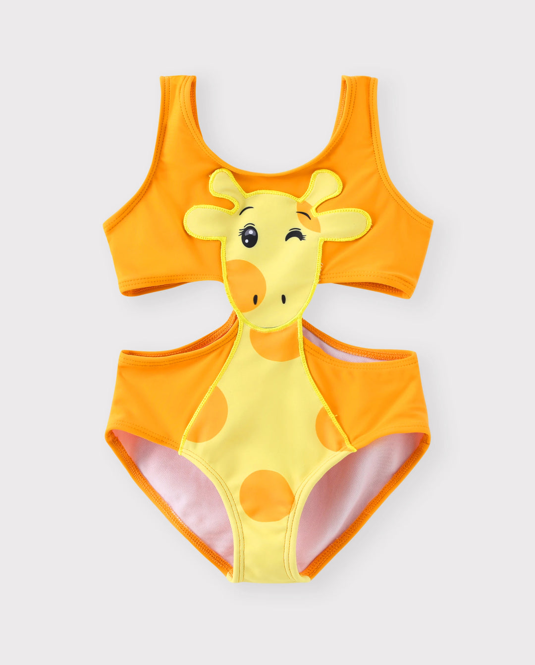 ärmelloser einteiliger Badeanzug des verspielten Giraffendesigns des Kleinkindmädchens orange