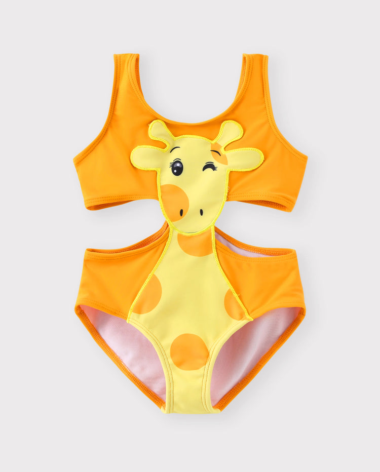 ärmelloser einteiliger Badeanzug des verspielten Giraffendesigns des Kleinkindmädchens orange