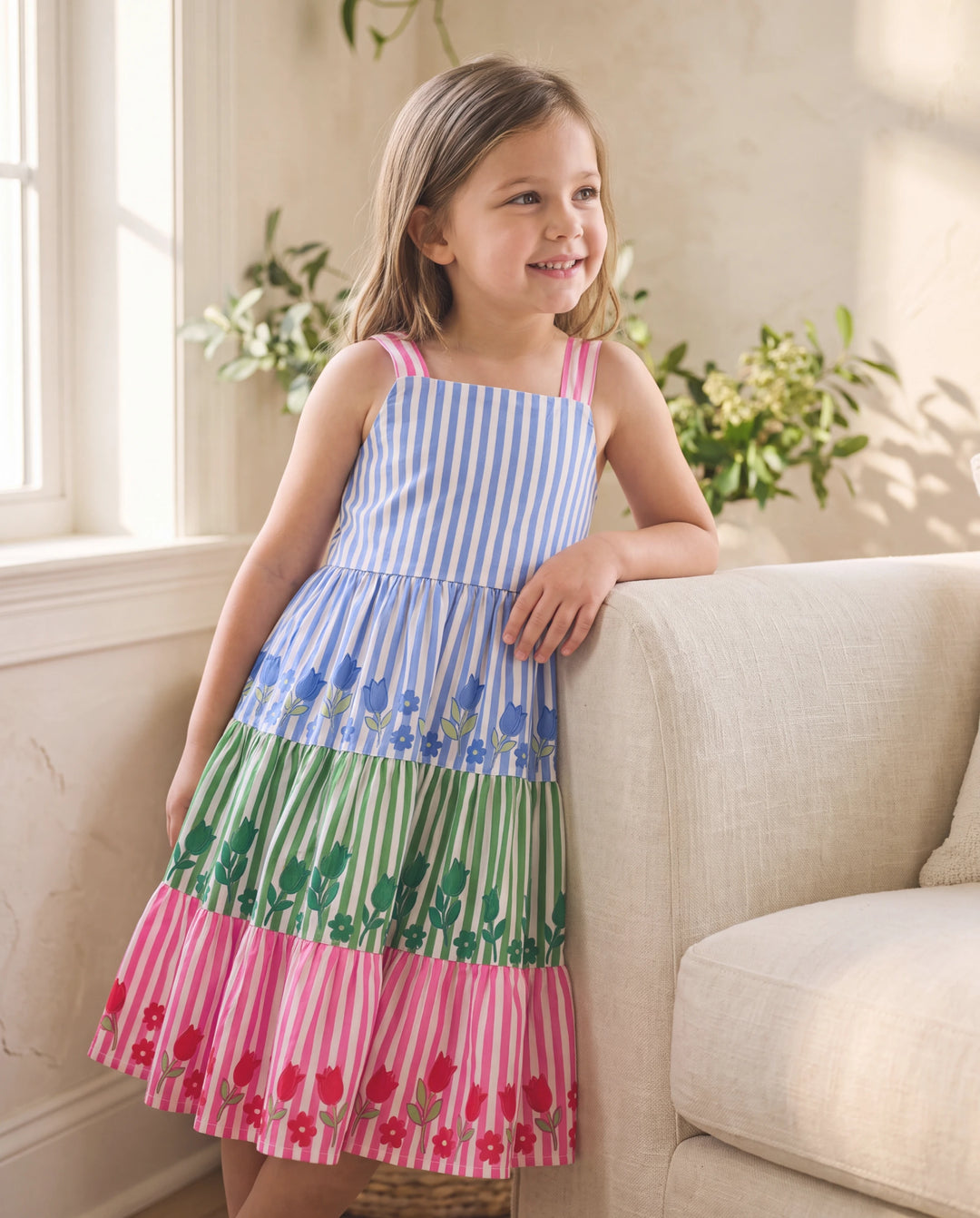 Fresh Market Toddler Girl Colorful Striped Floral Tiered Dress Multi-color