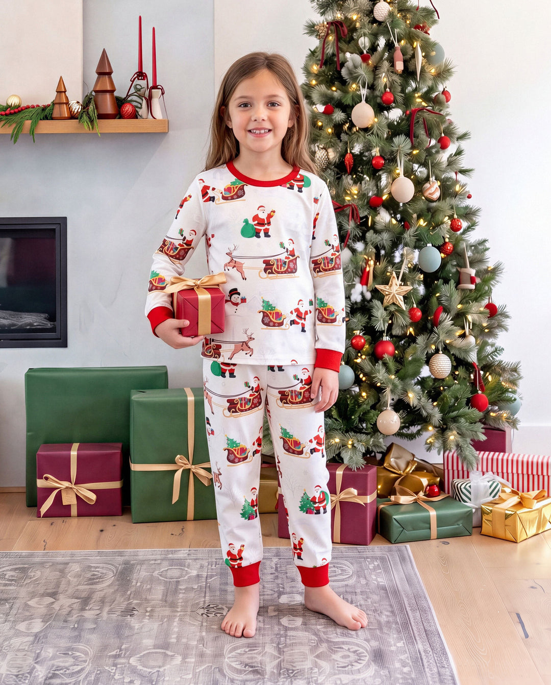 PatPat Family Matching Christmas Pajamas Reindeer & Santa Claus Print White Plus Size RED/WHITE