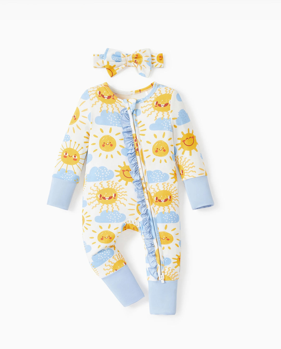 Bamboo Baby Boy/Girl Animal Printed 2-Way Zipper Anti Slip Long-sleeve Footie with/without Hairband Light Blue