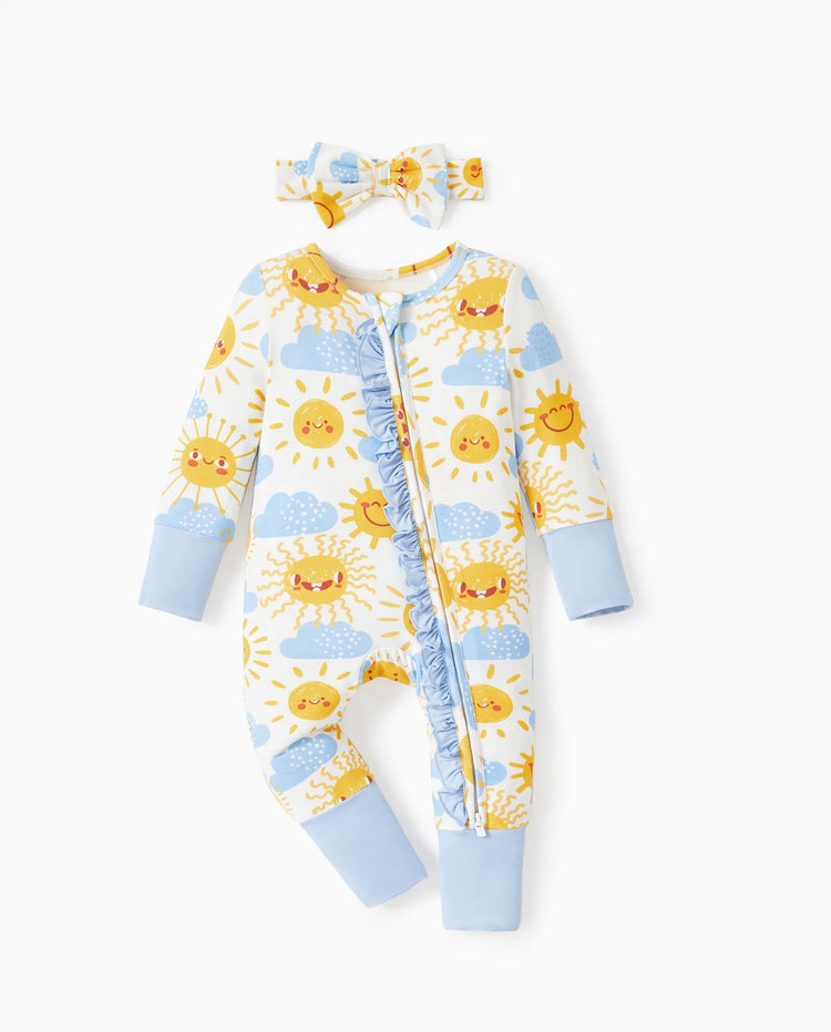 Bamboo Baby Boy/Girl Animal Printed 2-Way Zipper Anti Slip Long-sleeve Footie with/without Hairband Light Blue