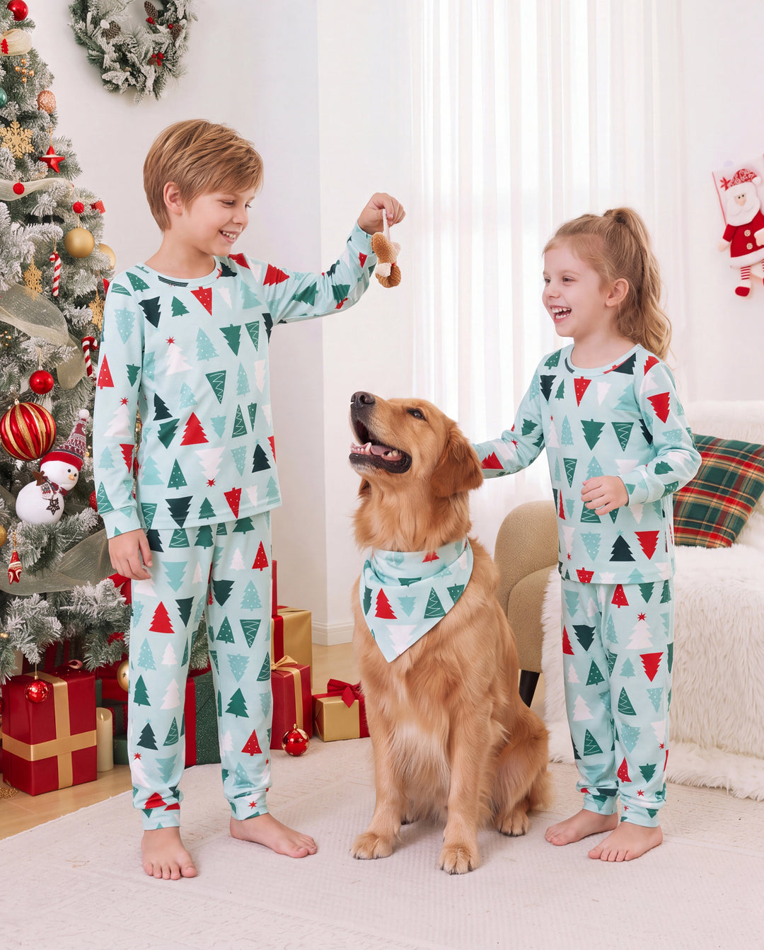 Pyjamas de Noël assortis pour toute la famille, motif sapin de Noël, coton bleu