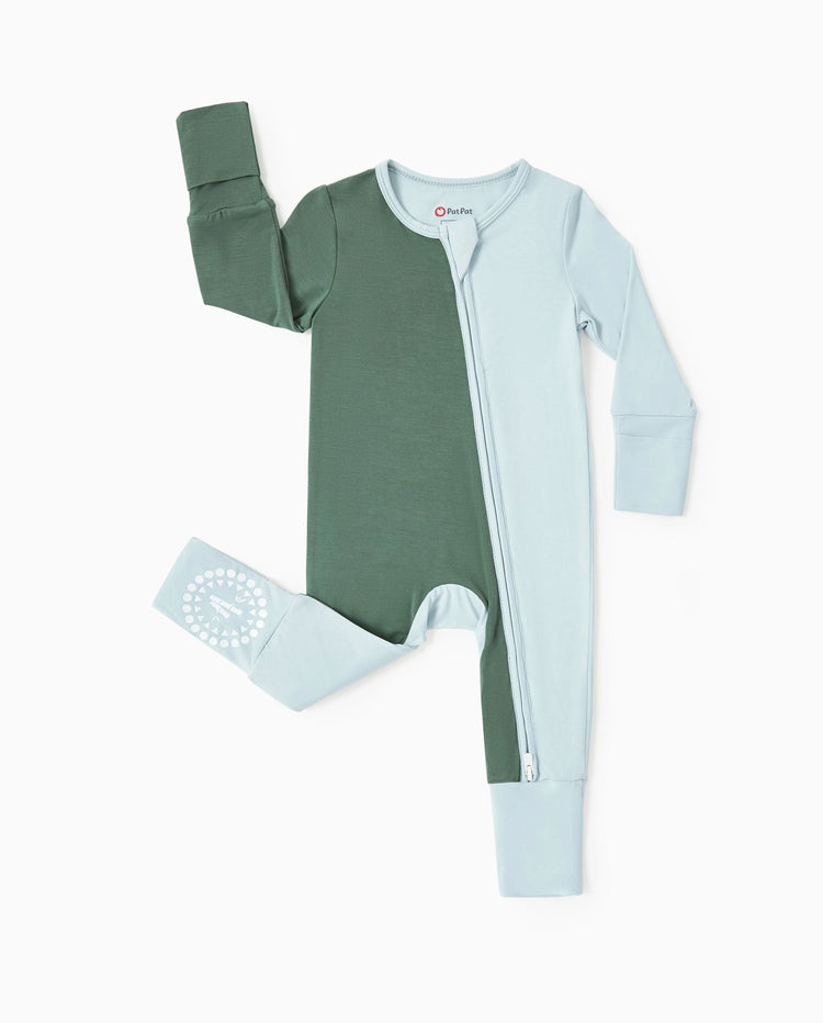 Mameluco de bambú para bebé niño/niña, de manga larga, antideslizante, con cremallera bidireccional y bloques de color, color verde