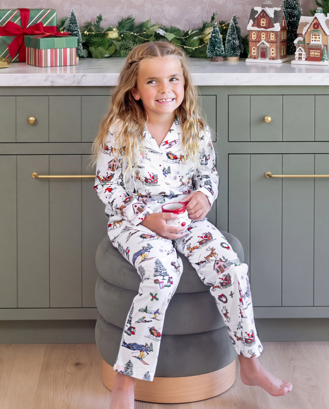 Pyjamas de Noël assortis pour la famille, imprimé village de Noël, blanc