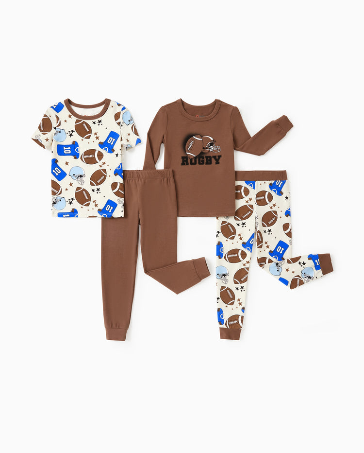 Toddler / Kids 4-piece Organic Cotton Pajamas 4-in 1 PJ Snug fit Pjs for Girls / Boys Brown