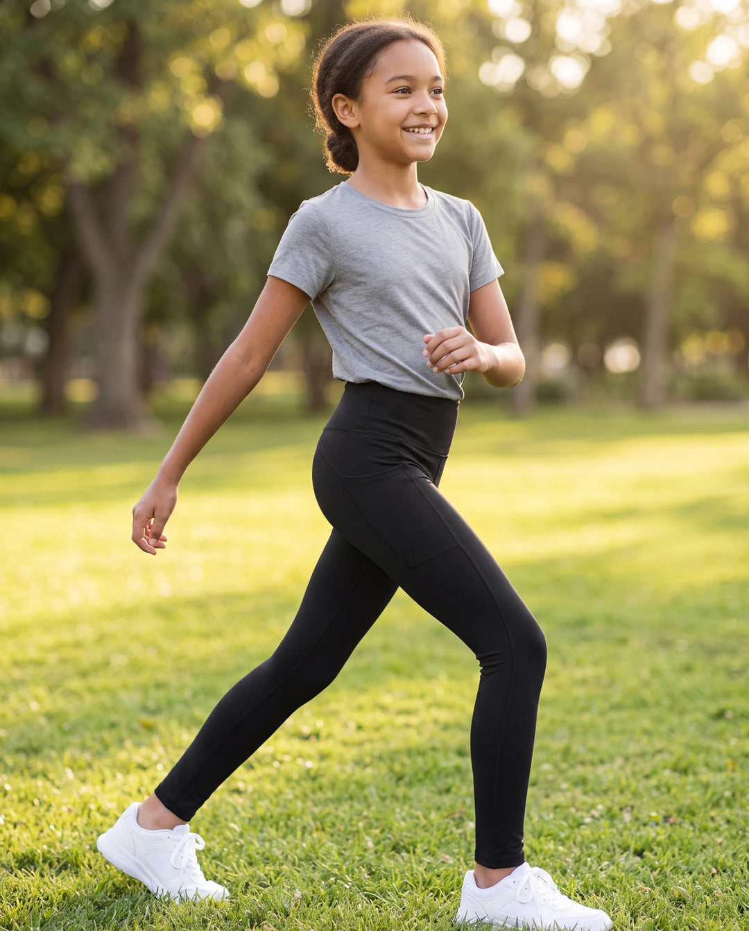 Sportliche ausgestellte Yogahose für Mädchen mit hoher Taille Einfarbige Leggings mit passendem Haargummi schwarz