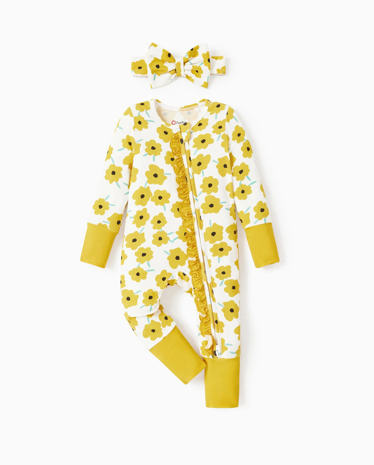 Bamboo Baby Boy/Girl Animal Printed 2-Way Zipper Anti Slip Long-sleeve Footie with/without Hairband Yellow