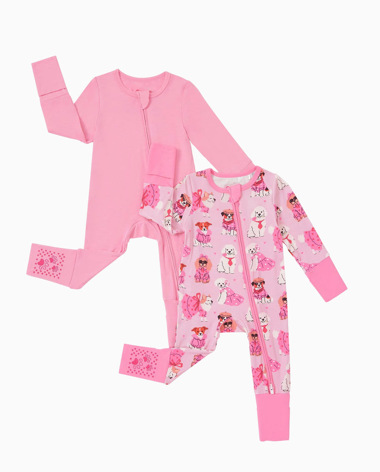 Bamboo Baby Boy/Girl 2-Pack Solid&Bee Printed 2-Way Zipper Anti Slip Footie Pink