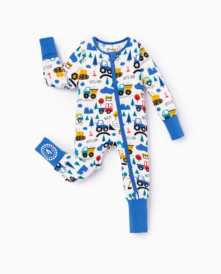 Bamboo Baby Boy/Girl Cartoon Printed 2-Way Zip Onesies Anti Slip Long-sleeve Footie Blue