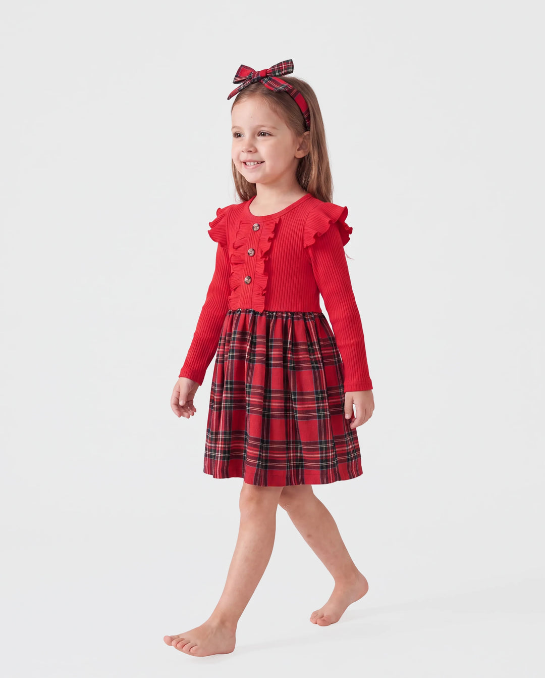 Christmas Toddler Girl Grid Print Ruffled Dress with Headband Red