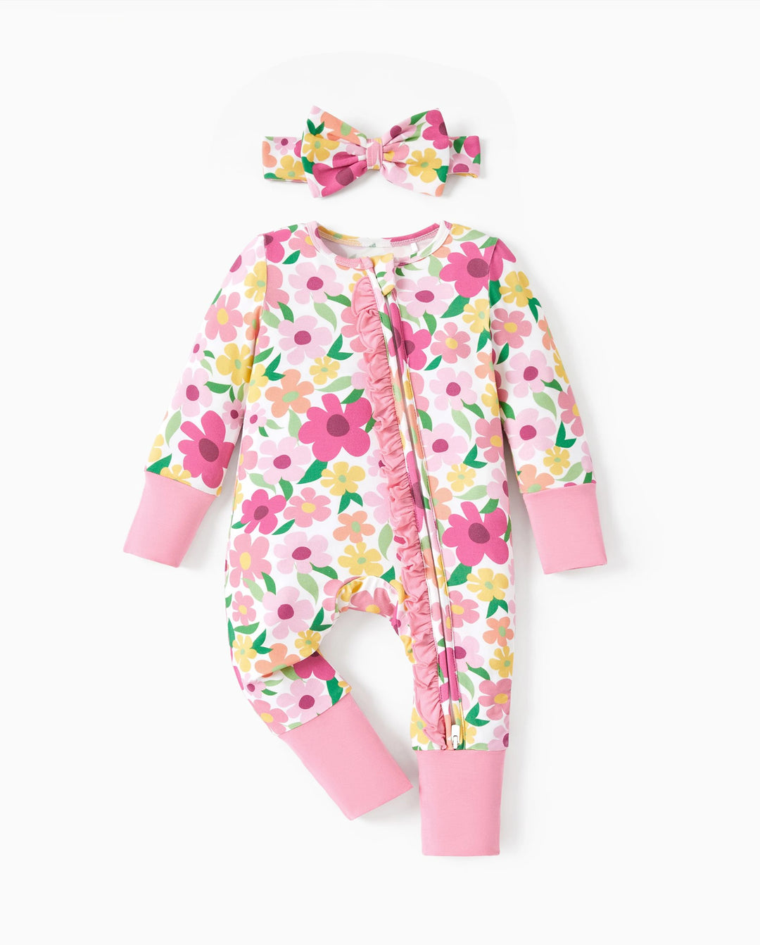 Bamboo Baby Boy/Girl Animal Printed 2-Way Zipper Anti Slip Long-sleeve Footie with/without Hairband Dark Pink