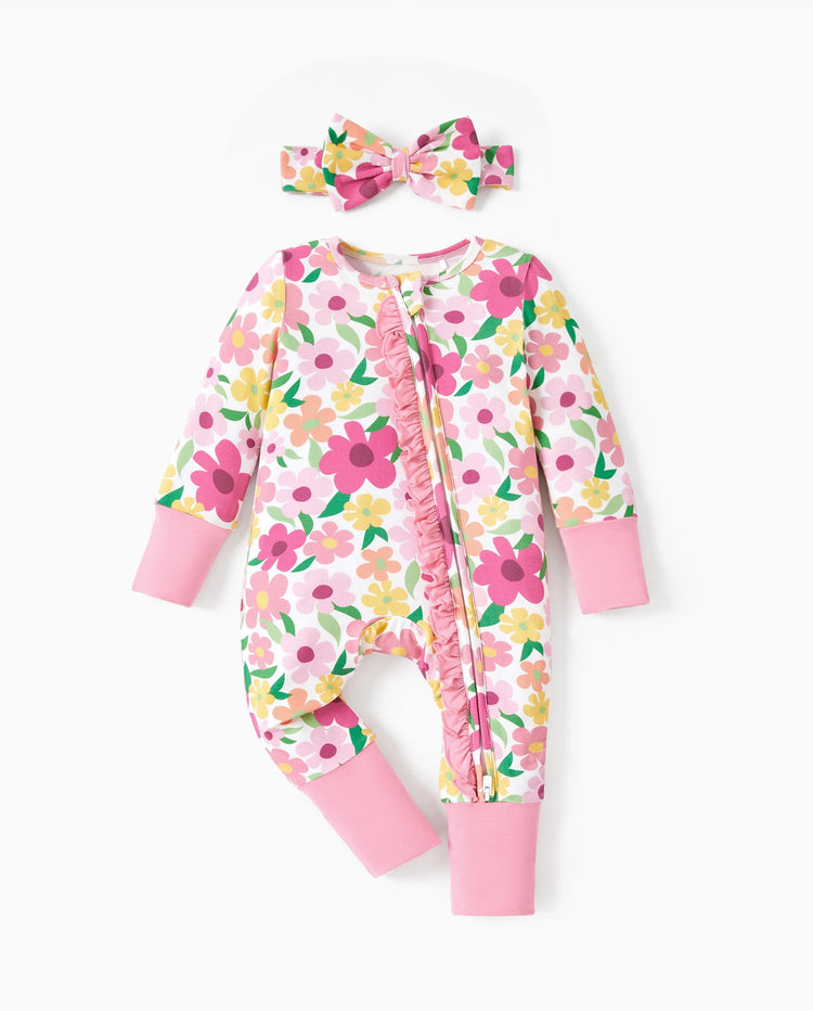 Bamboo Baby Boy/Girl Animal Printed 2-Way Zipper Anti Slip Long-sleeve Footie with/without Hairband Dark Pink