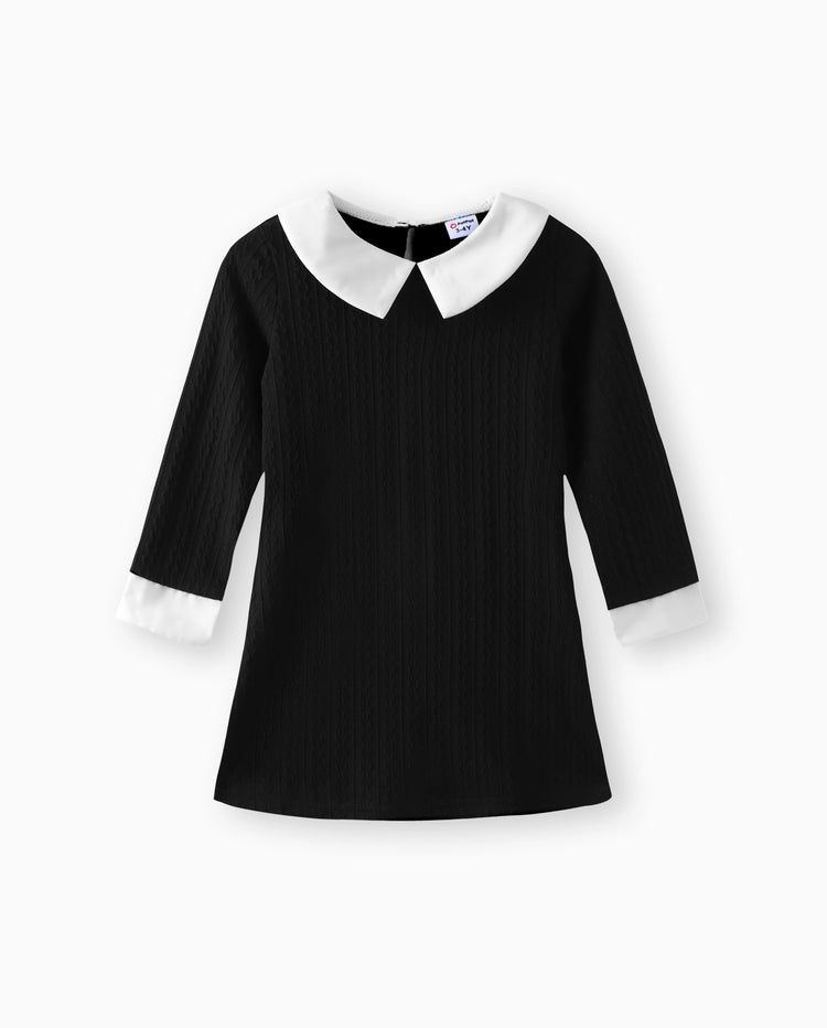 Kid Girl Avant-garde Solid Color Lapel Design Long Sleeve Dress Black