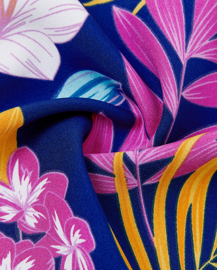 Conjuntos hawaianos familiares a juego: vestido de tirantes con estampado floral tropical o conjunto de camisa y pantalones cortos de manga corta, conjunto de ropa de playa de verano para vacaciones, azul profundo