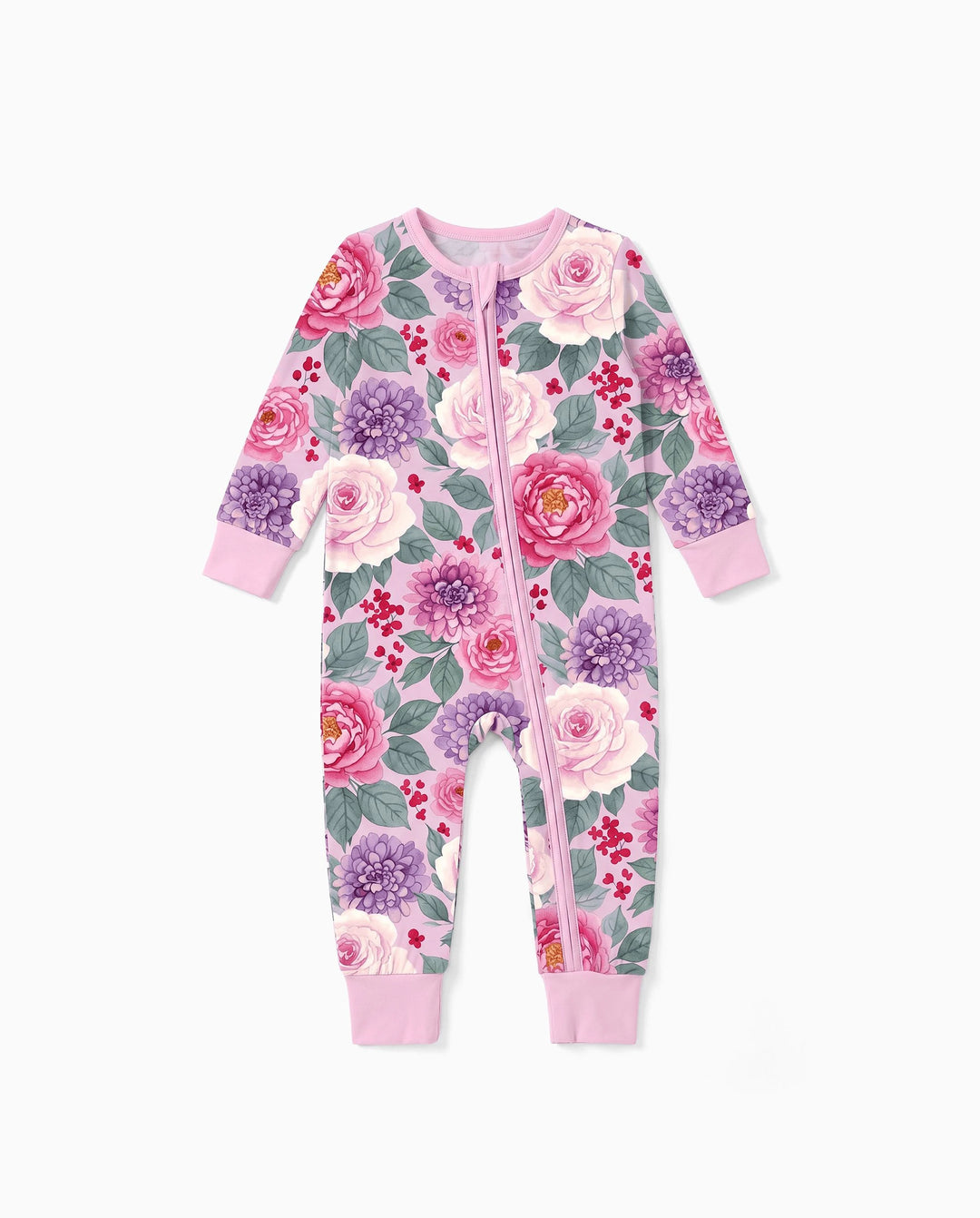Bamboo Baby Neutral 1 Stück Blumenmischung Eng anliegender Reißverschluss Fußloser Schlafanzug Dunkelrosa