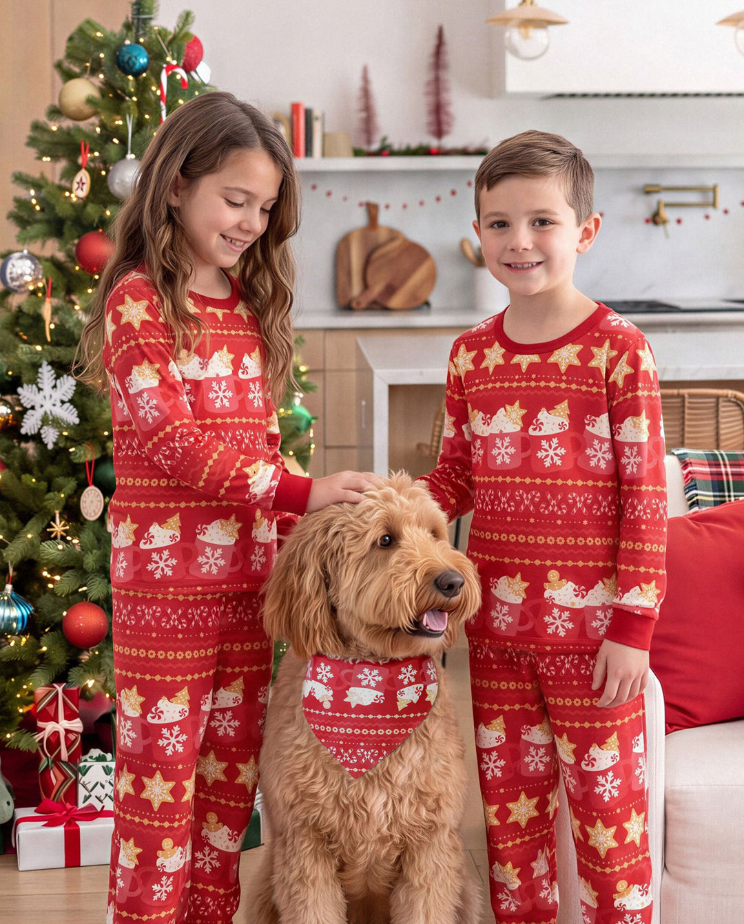 Pyjamas de Noël assortis pour la famille, imprimé motif Fair Isle et mug, rouge