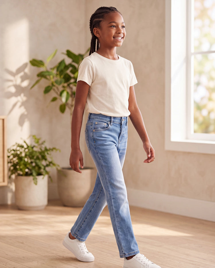 Kids Pull On Elastic Waist Denim Jeans Soft Stretch Comfortable Everyday Pants with Pockets Light Blue