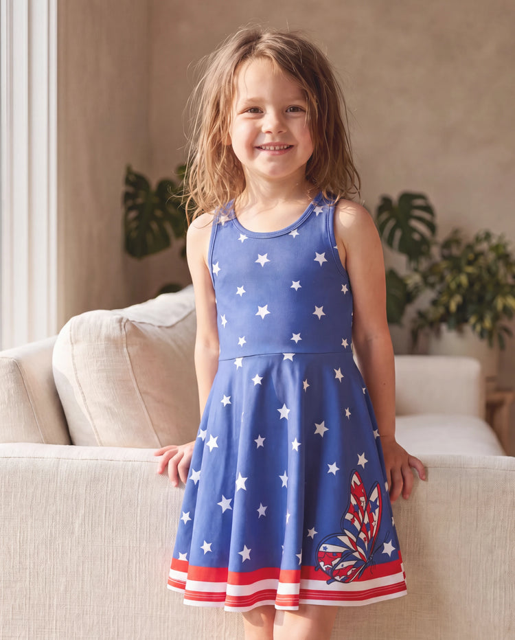 Robe sans manches décontractée pour tout-petites filles, imprimé patriotique cerise/étoile, bleu foncé