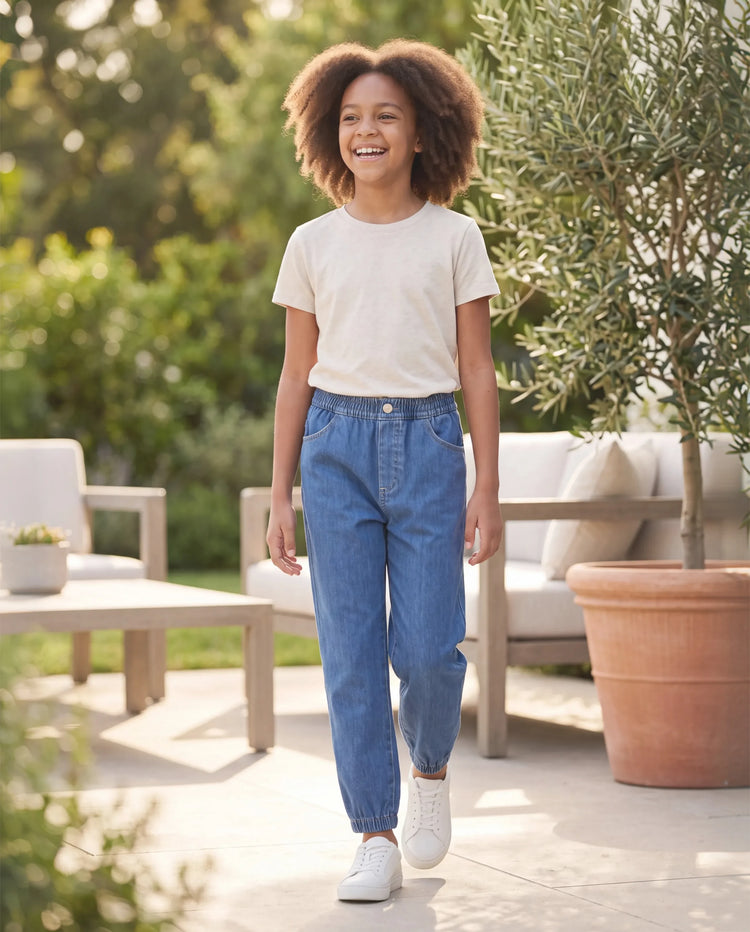 Kinder Elastische Taille Denim-Hose Weicher Stretch Bequeme Alltagsjeans mit Taschen blau