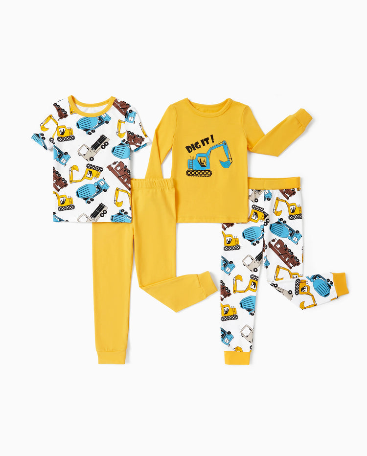 Kleinkind / Kinder 4-teiliger Pyjama aus Bio-Baumwolle 4-in-1 PJ Snug Fit Pjs für Mädchen / Jungen gelb
