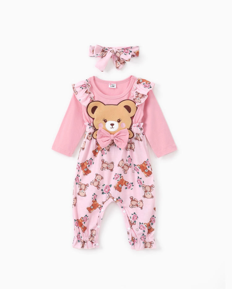 Baby Mädchen Bär Stil Bestickter Blumen Overall rosa