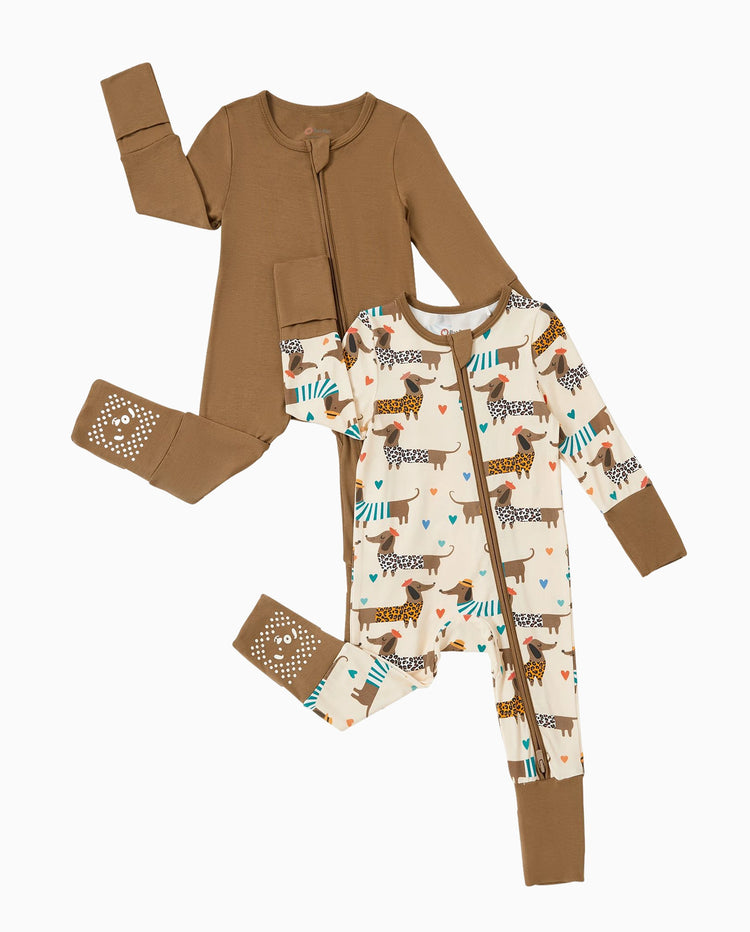 Bamboo Baby Boy/Girl 2-Pack Solid&Bee Printed 2-Way Zipper Anti Slip Footie Coffee