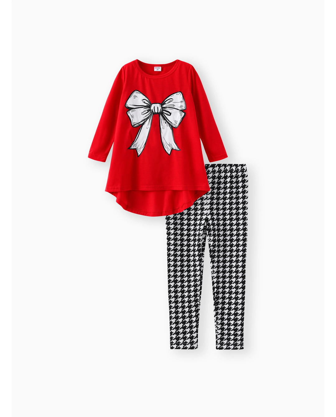 2pcs Toddler Girl Bowknot Print High Low Long-sleeve Tee and Houndstooth Leggings Set Red-2
